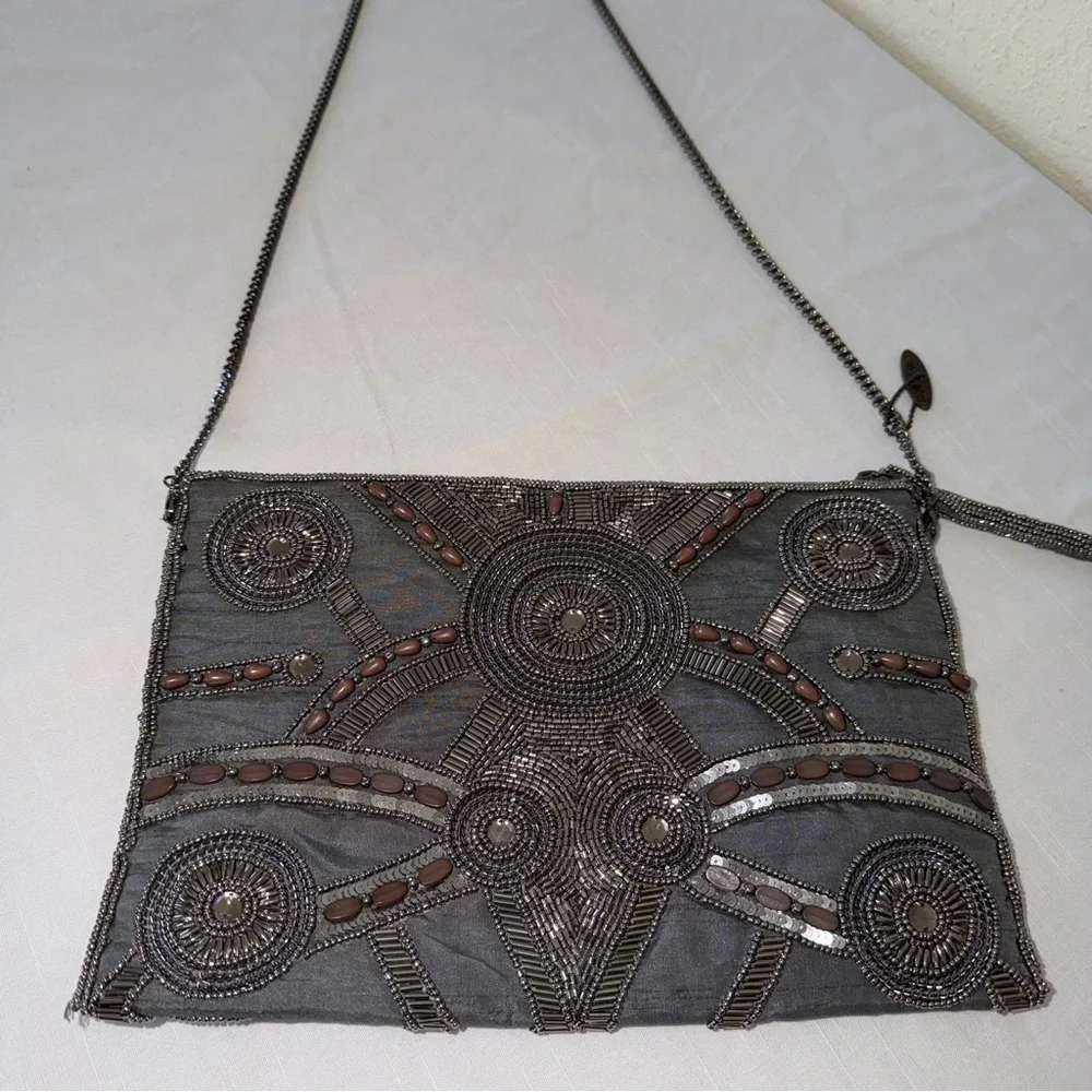 Vintage Mary Frances Gray Beaded Clutch crossbody with brown bead accents India